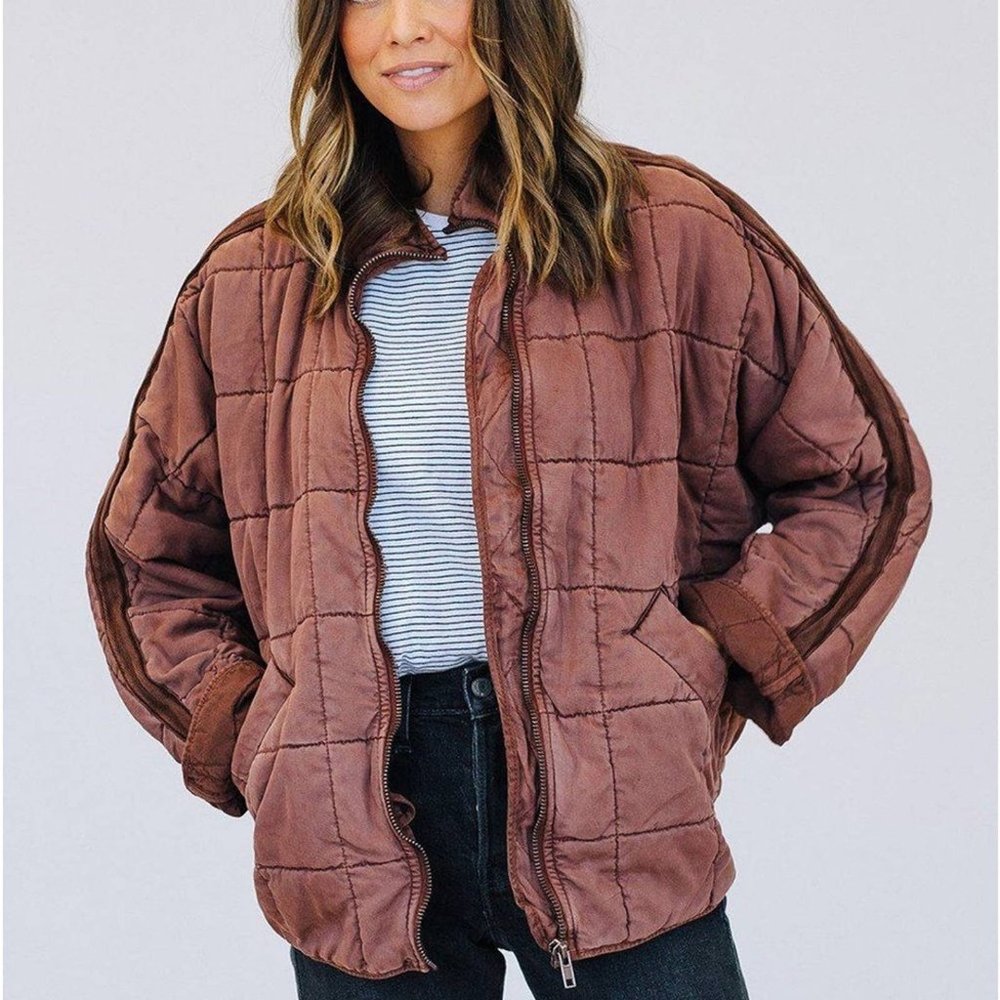 Free People Dolman Quilted Knit Jacket in Brown/Cherry Cola XS